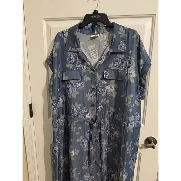 Lularoe New Stacie Shirt Dress Drawstring Button Up Pockets Blue Floral Plus 2XL - Picture 4 of 11